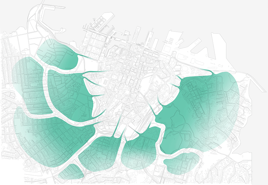 Map showing the city fringe areas that would benefit from better links with the city centre - Transformational move 7: City to the villages. 