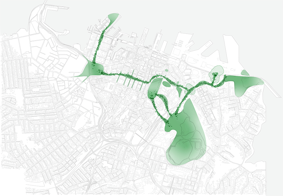 Map showing the areas of the city centre which will create a green link - Transformational move 6: The Green Link. 