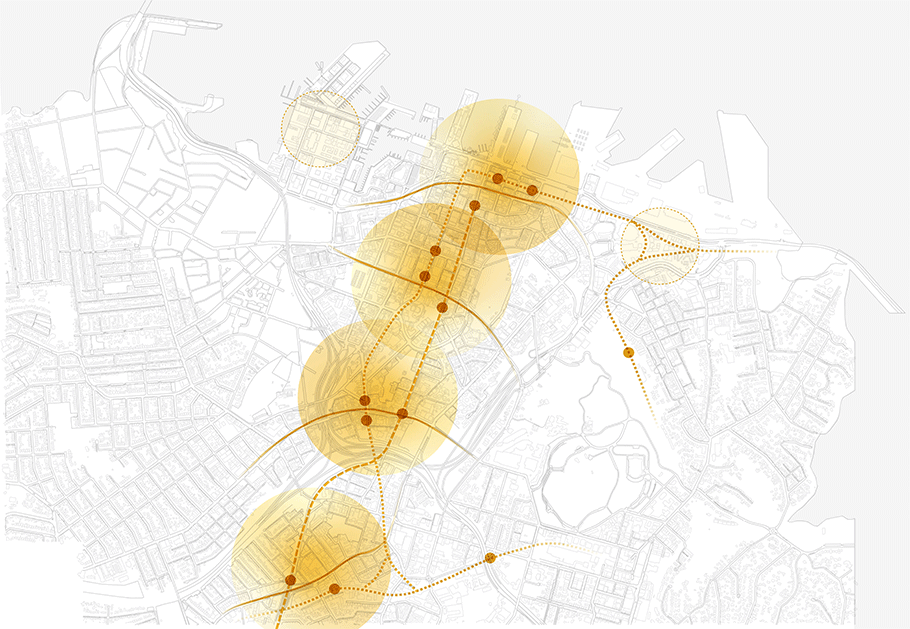 Map showing the areas of the city centre where proposed activities of Transformational move 5: Transit oriented development, may take place. 