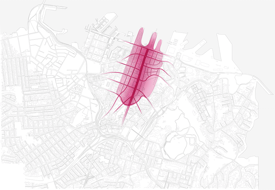 Map showing the areas of the city centre encompassed by Transformational move 3: Waihorotiu / Queen Street Valley.