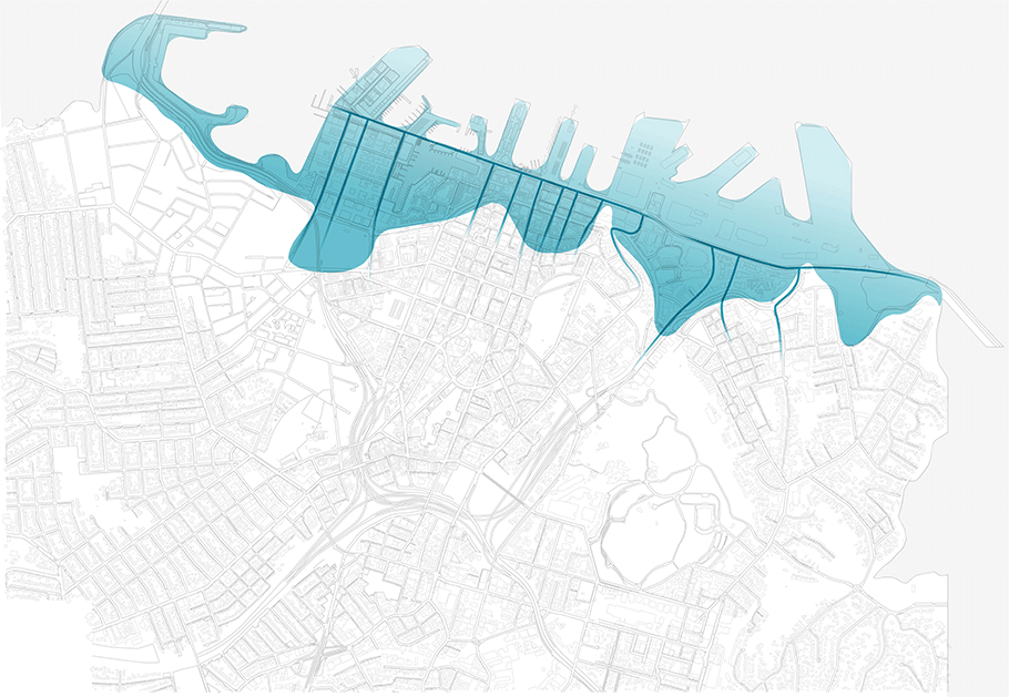 Map showing the areas of the waterfront which could be better connected by the proposed activities of Transformational move 8: Harbour stitch. 