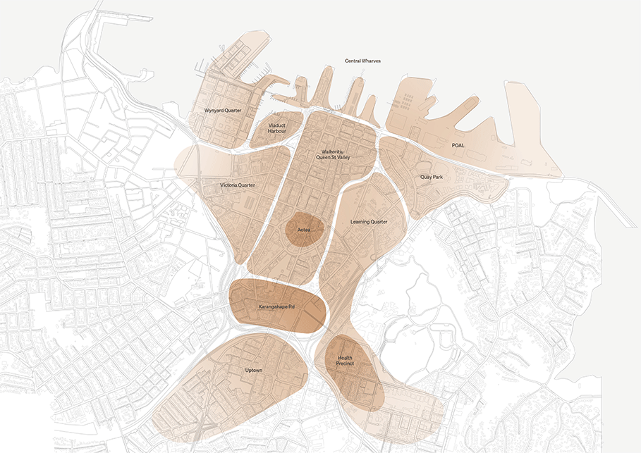 The key areas in the refreshed City Centre include Wynward Quarter. Viaduct Harbour, Waihorotiu / Queen Street Valley, Ports of Auckland, Quay Park, Victoria Quarter, Aotea, Learning Quarter, Karangahape Road, uptown and health precinct.