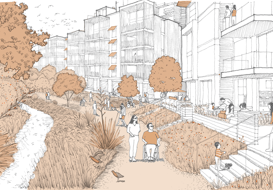 Artist impression of streetscape at Grafton Gully Future Urban Neighbourhood