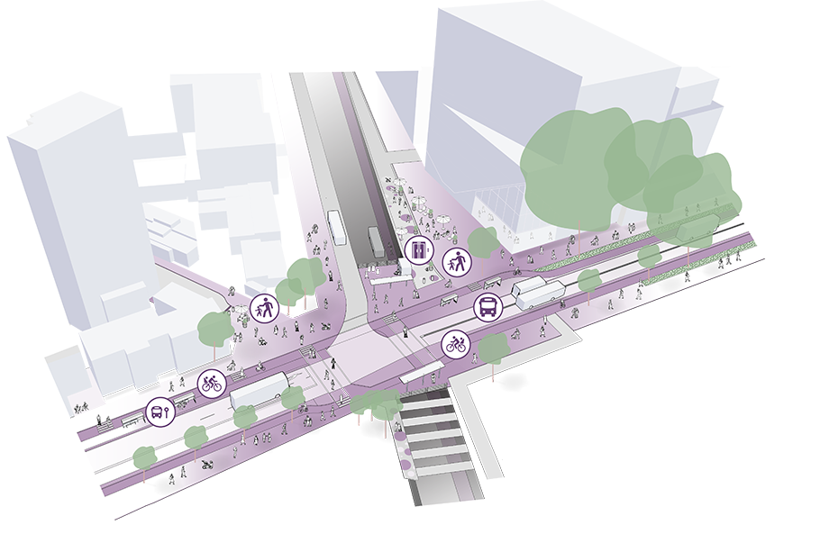Symonds Street as a transit mall, with dedicated bus infrastructure, cycleways, more pedestrian space and better access for university-related trips. Symonds Street as a transit mall, with dedicated bus infrastructure, cycleways, more pedestrian space and better access for university-related trips.