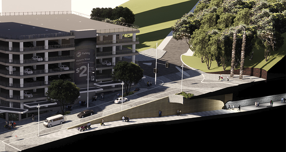 Cross-section showing Victoria Street linear park connecting to reopened Albert Park tunnels.