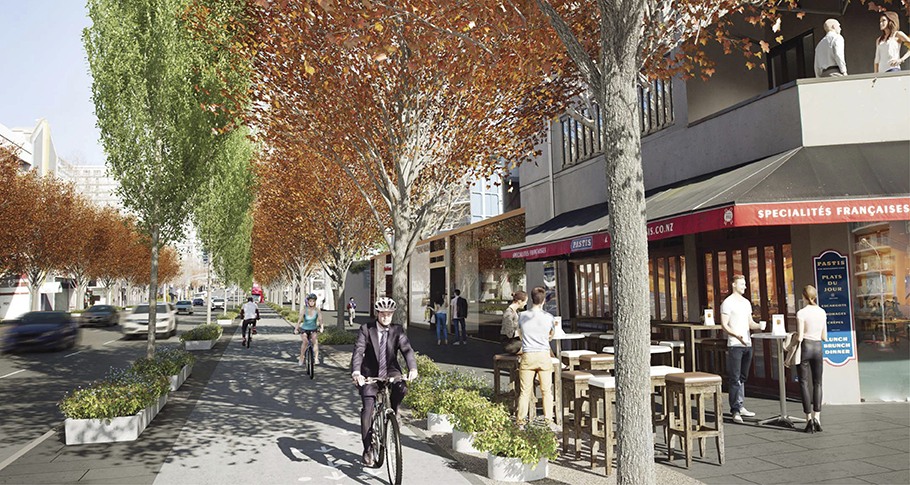 Nelson Street as proposed, with tree planting, cycleway and better pedestrian space.