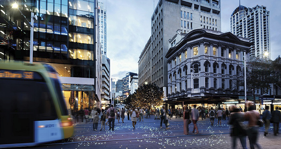 Queen Street transformed in to a pedestrian-priority transit mall.